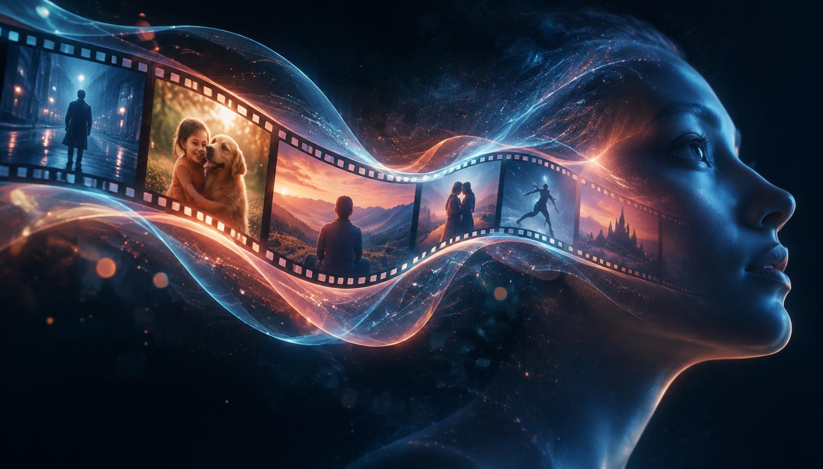 Film frames flowing as waves of light through a dark cinematic space
